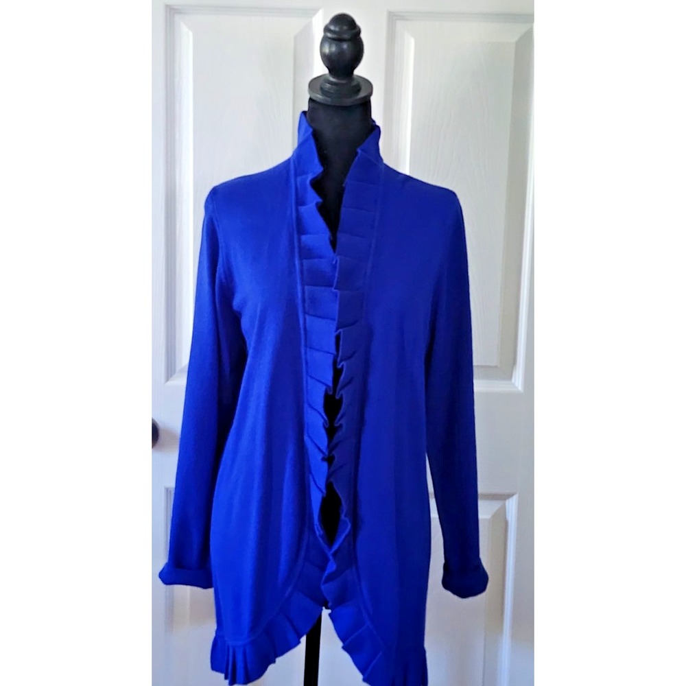 Women's Knit Jacket by Draper's & Damon's in Royal Blue with Ruffle Detail LG.